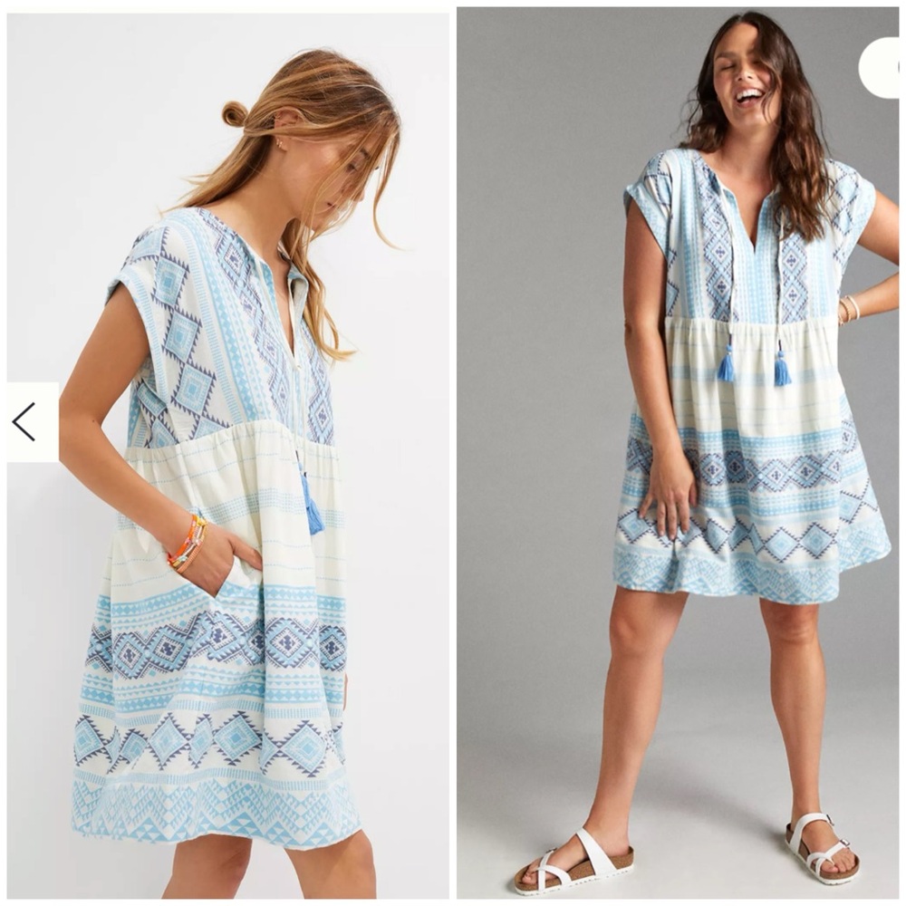 Anthropologie Blue and White Printed Short Sleeve Dress